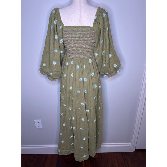Free People Green Floral Fairy Cottage Boho Gauze Smocked Dahlia Maxi Dress M - Picture 6 of 6